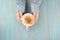 Hands holding cup of hot chocolate, blue wooden table, blue cozy sweater, beautiful pink manicure, home style, autumn morning,