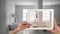 Hands holding and drawing on tablet showing bedroom and bathroom interior sketch. Total white minimalist interior in the backgroun