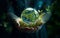 Hands holding earth crystal glass globe ball encircled by verdant forest flora. Generative AI