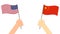 Hands holding flag between USA and China face to face for competition