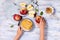 Hands holding fresh apples and honey combs, top view, rosh hashanah concept