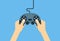 Hands holding gamepad - flat illustration. Leisure gamer vector concept.