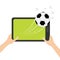 Hands holding genering tablet PC gadget. Soccer ball flying from touch screen. Male female teen hand and Tab with blank screen. St