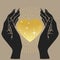 Hands holding golden heart. Vector hand drawn illustration.