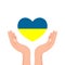 Hands holding heart in blue and yellow colors. Ukrainian flag. Stop russian war in Ukraine