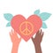 Hands holding heart with peace hippy symbol inside concept