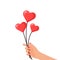 Hands holding heart shaped bubbles. Valentine celebrating concept. Festive vector illustration.
