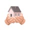 Hands holding house.Concept of rent home purchase, mortgage, real estate insurance and banking.Cartoon style