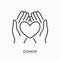 Hands holding human heart flat line icon. Vector outline illustration of organ donor. Cardiology thin linear medical