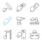 Hands holding instruments linear icons set