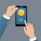 Hands holding mobile phone with gold coin Bitcoin and button Buy. Payment service international transfers by electronic currency