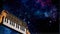 Hands holding music piano keyboard background night sky