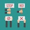 Hands holding No, Stop, Cross, Forbid protest signs. Vector flat set