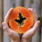 Hands holding a papaya slice, mans hands, square, tropic fruit, hands, Boca Chica , Dominican republic, Caribbean