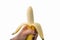 Hands holding peeling banana on white background