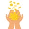 Hands holding a pile of coins falling from above, icon flat finance heap, fall dollar coin pile. Golden money lying on