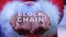 Hands holding planet with text Block Chain