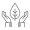 Hands holding plant thin line icon, ecology