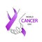 Hands holding with purple ribbons. World Cancer Day concept.