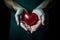 hands holding red heart, health care, love, organ donation, mindfulness, wellbeing, family insurance and CSR concept