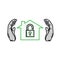 hands holding secured home and padlock line icon. Home protection icon concept. Insurance of real estate.