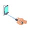 Hands holding selfie stick with smartphone icon