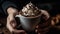 Hands holding a steaming cup of coffee with whipped cream and chocolate shavings created with Generative AI