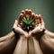 Hands holding a succulent plant on dark background