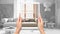 Hands holding tablet showing living room in japandi style, total blank project background, augmented reality concept, application