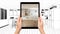 Hands holding tablet showing modern white and wooden kitchen. Blueprint CAD sketch background, augmented reality concept,