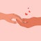 Hands holding together. Delicate touch, cartoon romantic postcard, love relationship family concept. Vector illustration