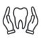 Hands holding tooth line icon, stomatology