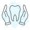 Hands holding tooth thin line icon, stomatology