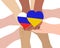 Hands holding two hearts in the shape of the Ukrainian and Russian flags. Supporting the people against the war. Let there be