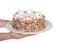 Hands holding white cake with candy sprinkles on plate, isolated