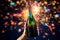 hands holding a wine bottle Spectacular New Year\\\'s Eve fireworks blurred background, ai generated