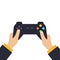 Hands holding wireless gamepad. vector illustration in flat design on blue background