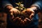 Hands holding young green plant in soil, closeup. Earth day concept