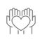 Hands holds heart line icon. Charity and donation, voluntary symbol
