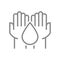 Hands holds water drop line icon. Save water, hand wash symbol