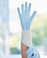 Hands, housekeeper and gloves for safety cleaning, hygiene or home maintenance indoors. Hand of person or cleaner