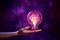 Hands lamp, purple mist, innovations radiant beacon amid creative haze