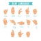 Hands language. Deaf human gestures alphabet emoji of hands palm fingers pointing hold vector illustrations set