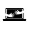 Hands on laptop screen icon. Black modern computer silhouette with human arms, flat design.