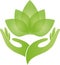 Hands and leaves, two hands logo, alternative practitioner and gardener, massage and physiotherapy, wellness and alternative