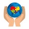 Hands lifting world planet with heart puzzle