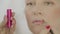 Hands of makeup artist apply lipstick with brush on lips, makeup the face of a caucasian blonde woman with blue eyes, close up