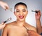 Hands, makeup brushes and portrait of woman with red lips in studio for lipstick and mascara routine. Cosmetics, beauty