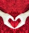 Hands making heart on red fluffy background.Valentine`s day concept.Love concept.peace.