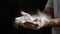 Hands of a male cook working with flour, preparing to make fresh dough for baking. Generative AI